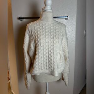 Pink Rose Cowl Neck Cable Knit Sweater - Cream